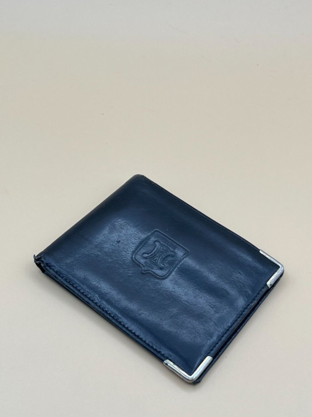 Celine Paris Black Leather Bifold Wallet Embossed Blason Logo Metal Corner Caps